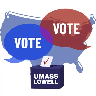 Illustration of U.S. map outline superimposed with a ballot box and speech bubbles that say the word vote