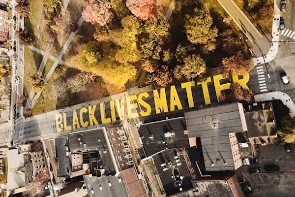 An aerial view of the BLM mural in Lawrence
