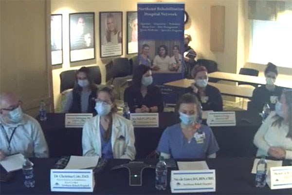 Eight professionals at Northeast Rehab Hospital in Salem, NH, discuss patient care during COVID-19