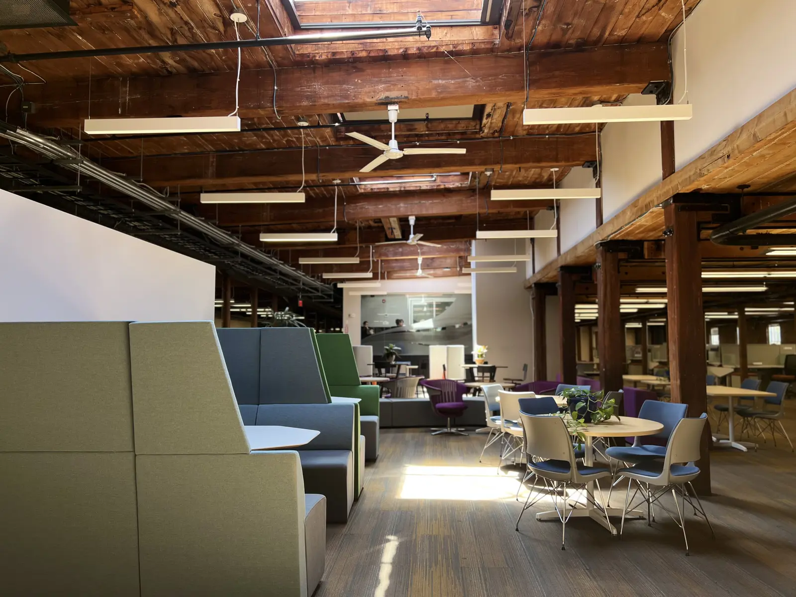 Room with booths, tables, chairs, and plants