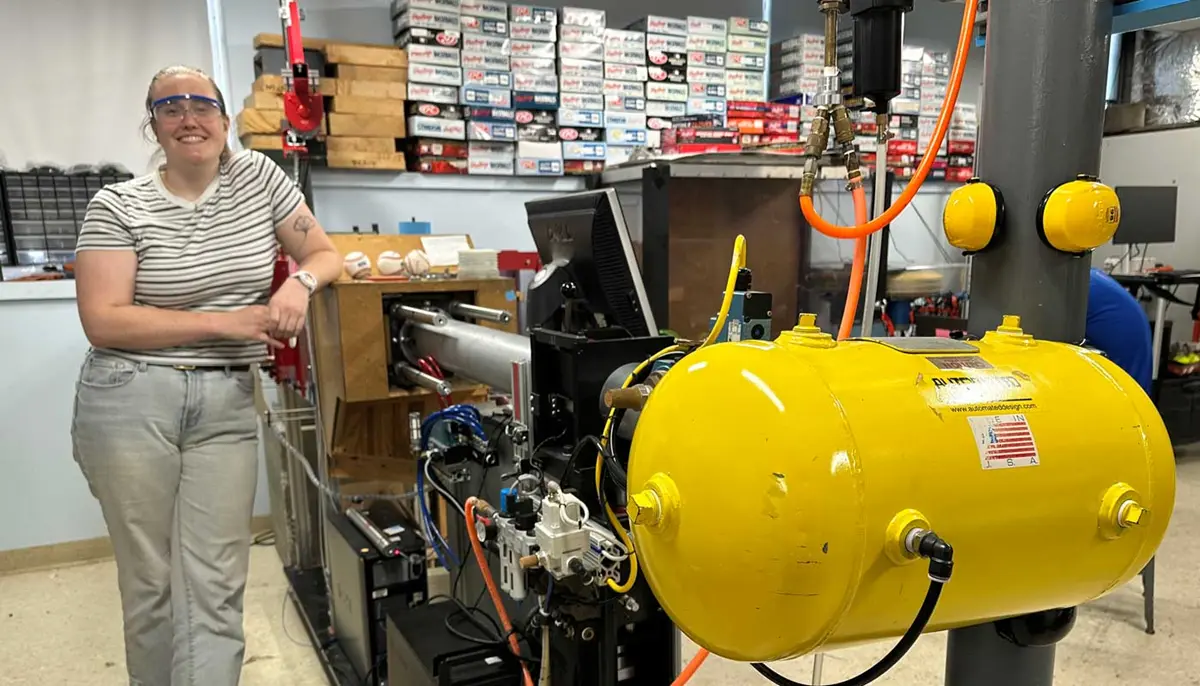 Imogen O'Brien poses in an engineering lab.