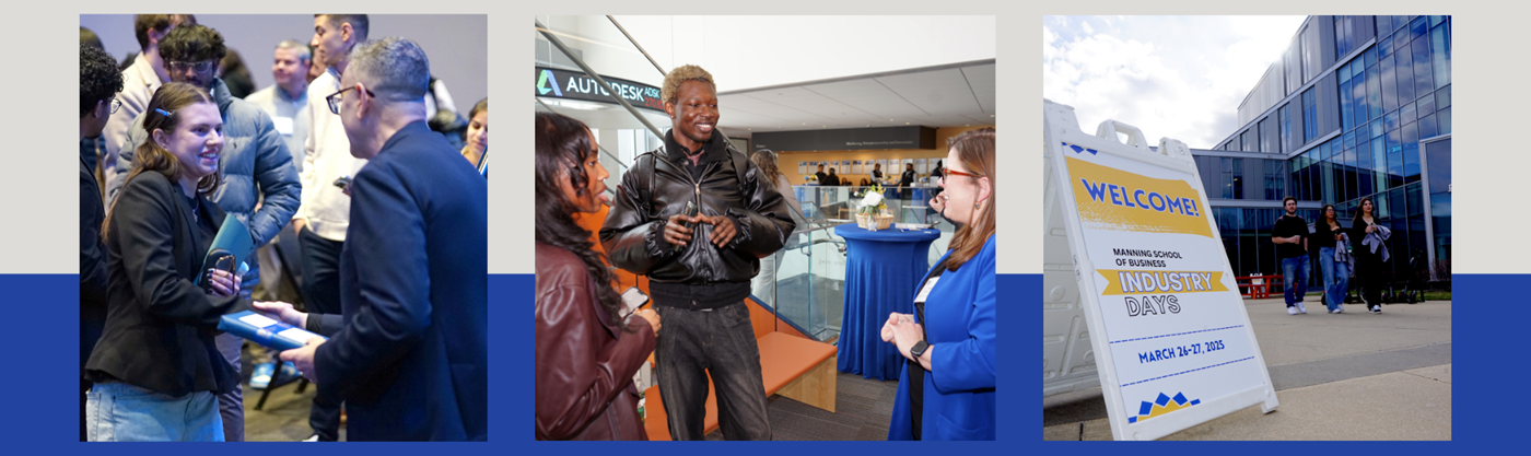 Montage of photos where people are greeting each other and sign that says Welcome to Industry Days.