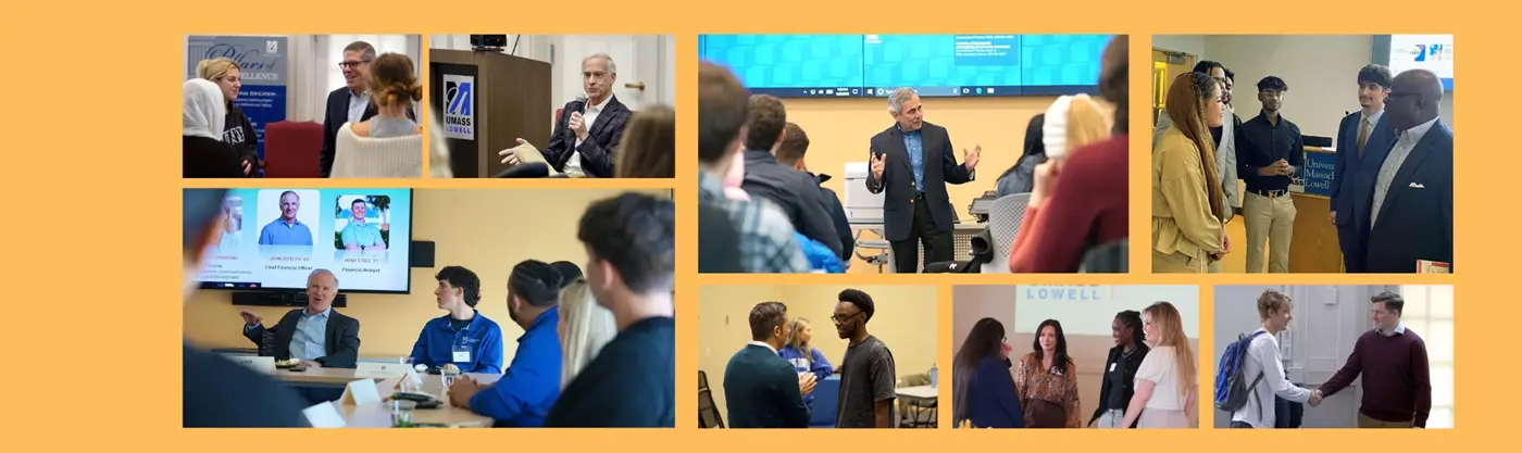 Montage of industry leaders talking to students.