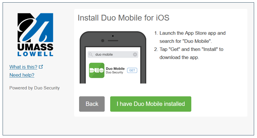 Screen shot for Installing Duo Mobile showing instructions for launching the app store, searching for it and get and install the app.