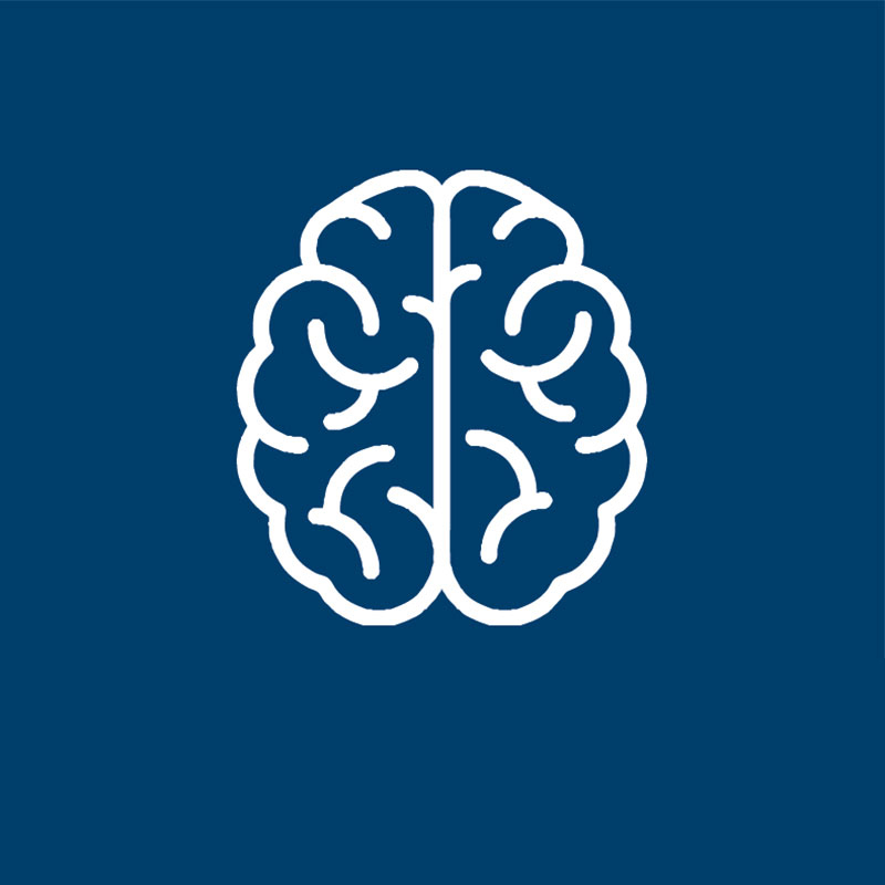White outline of brain on blue background