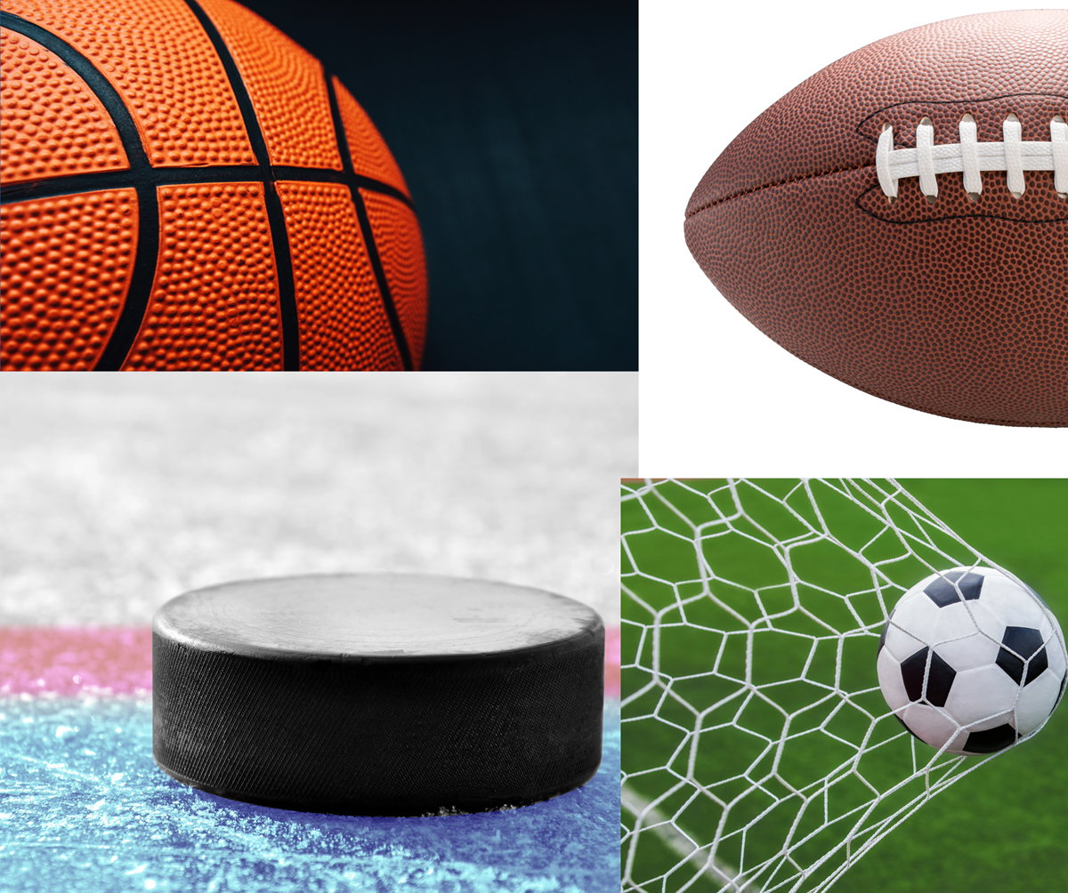 Photo grid of a basketball, football, hockey puck and soccer ball (Fútbol).