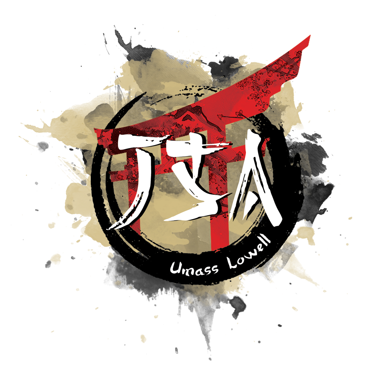 Logo: JSA (Japanese Student Association) white letters made by brush strokes, background: a splash of tan and black paint with a Torii  