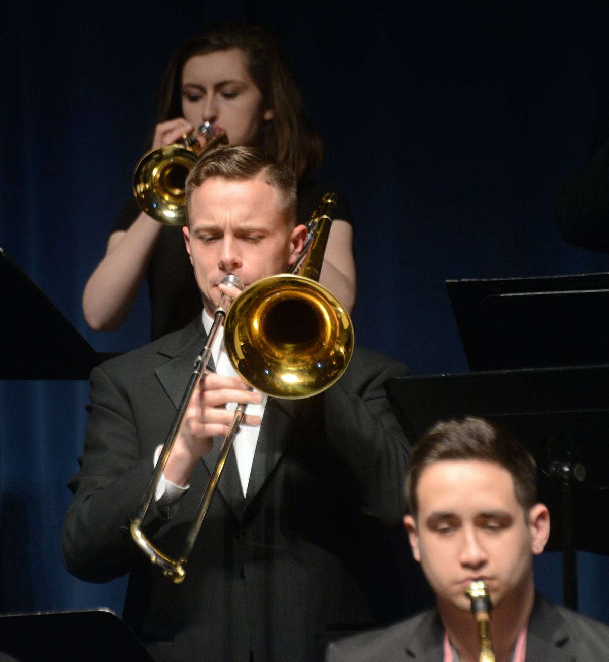 UMass Lowell Band members playing Jazz Classical with a Trumpet and Trombone pictured.