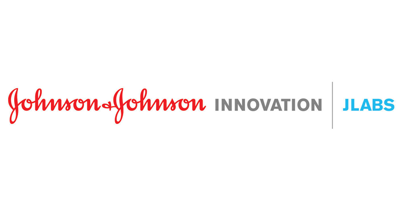 Johnson & Johnson in red cursive writing with the words Innovation in grey, a slash and JLABS in light blue. 