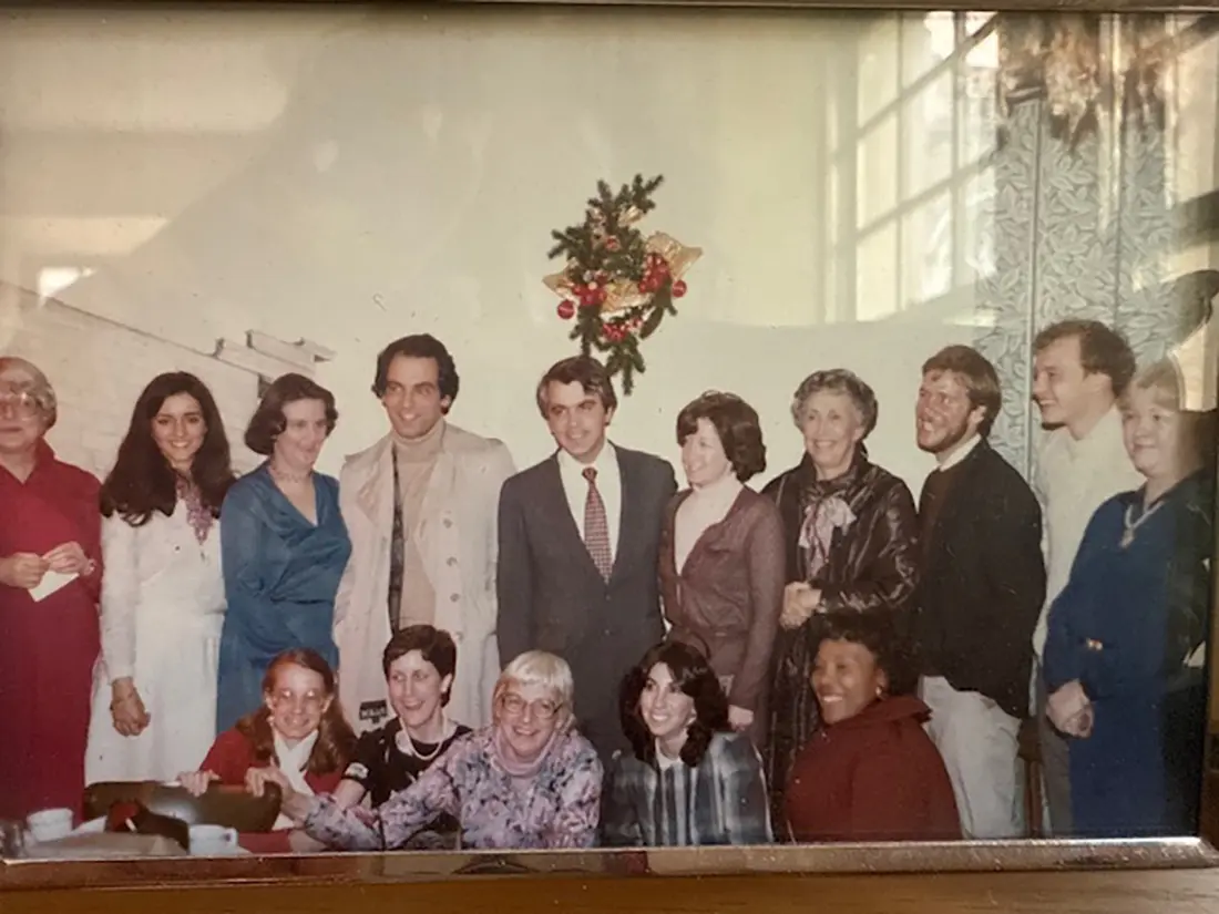 Members of Paul Tsongas’ congressional staff in 1980 at the Olympia Restaurant in Lowell at a going-away party for the press secretary, Nancy Gilmartin.