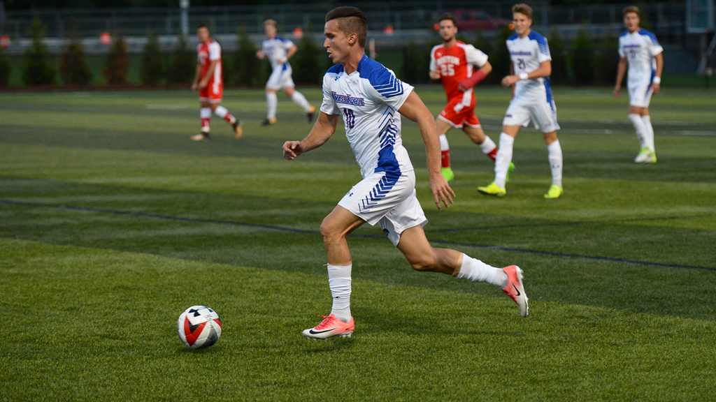 UMass Lowell men's soccer player Dario Jovanovski on the field during a game