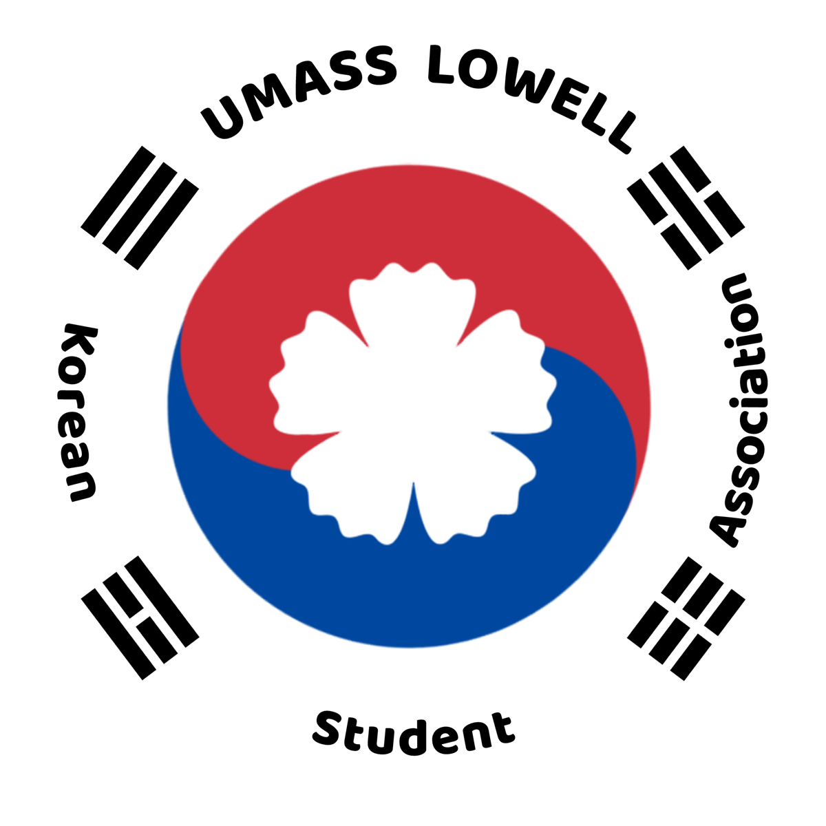 KSA (black text: Korean(left) Student(bottom) Association(right)); background circular cut out of korean flag with a Mugunghwa cut out center