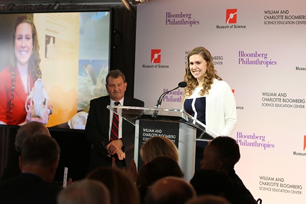 Kierra Walsh spoke at the announcement of Michael Bloomberg's $50 million gift to the Boston Museum of Science