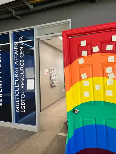 Door of lesbian, gay, bisexual, transgender, questioning or queer+ resource center.