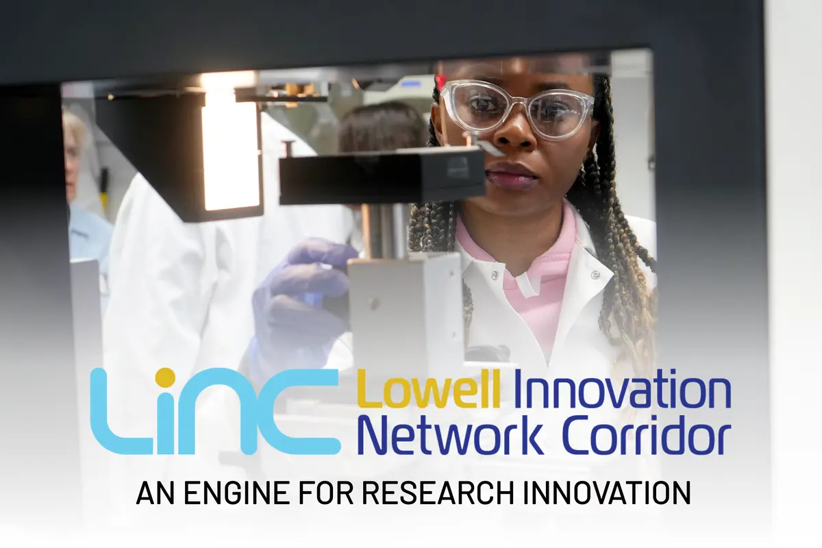 Student moving a dial on a scientific instrument. Lowell Innovation Network Corridor - An Engine for Research Innovation in text.