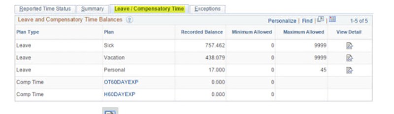 Screen grab of HR Direct website showing the Leave / Compensatory time tab highlighted.