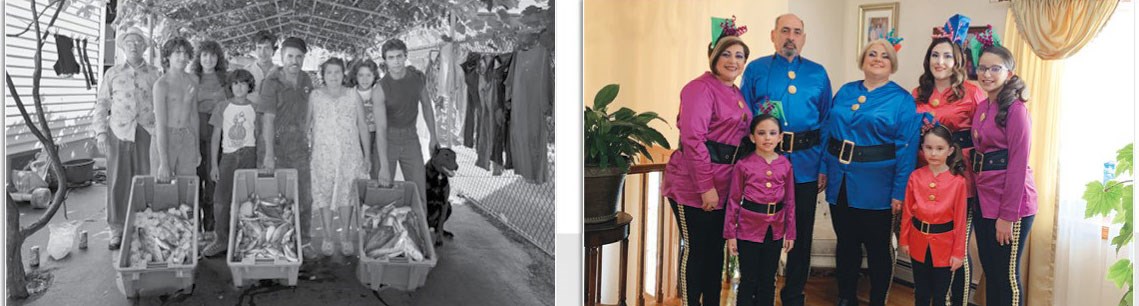 Photo side-by-side black and white and color of 2 Portuguese families. Part of Looking Back, Looking Forward: Continuity and Change in Greater Boston’s Portuguese-American Community—a Colloquium