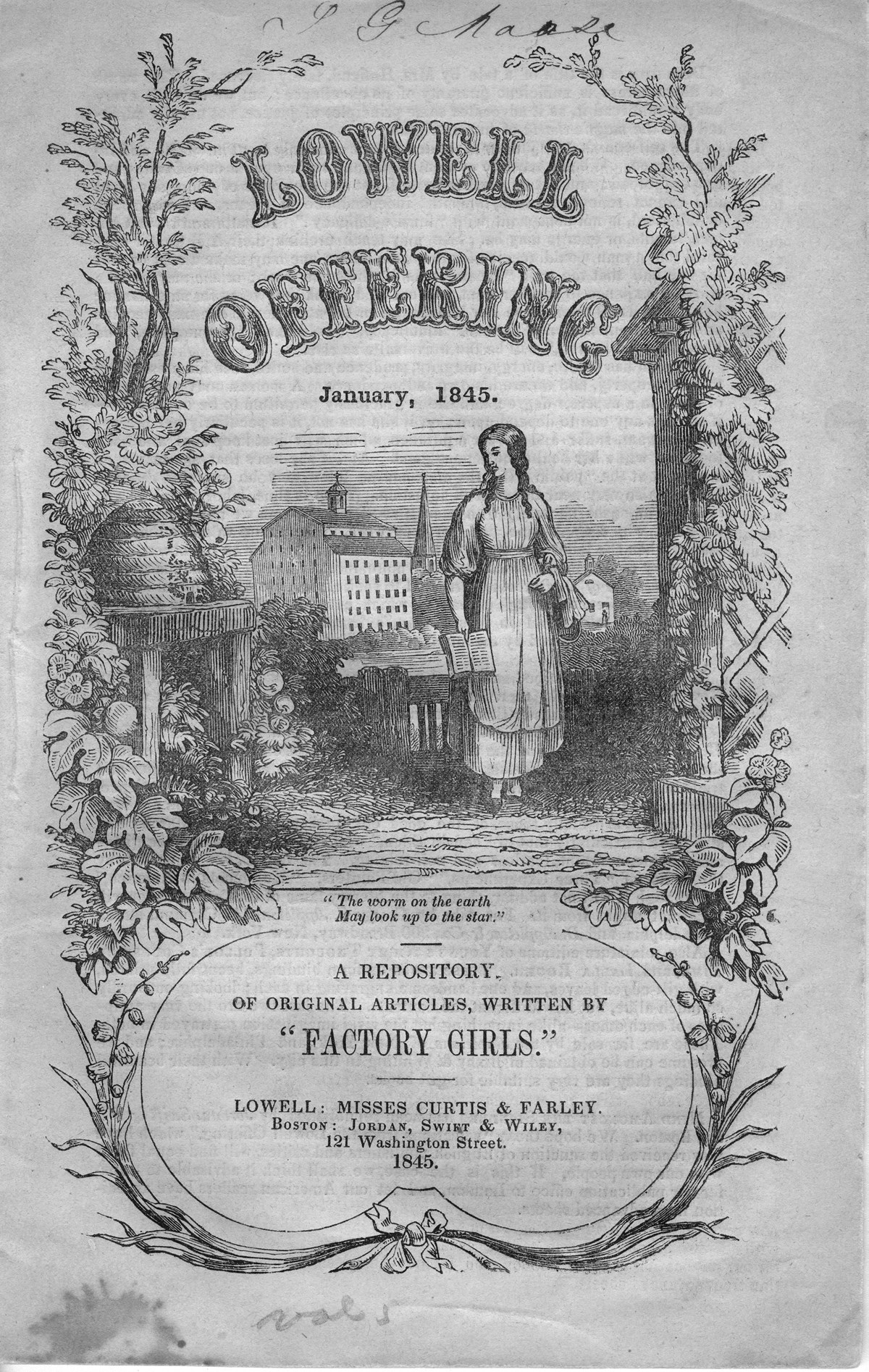 Cover of the Lowell Offering magazine featuring a mill girl