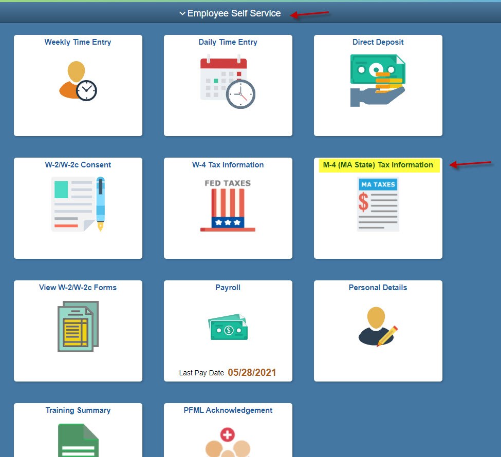 Screen shot showing the homepage for Employee Self Service. There are a number of tiles with images and words. The one for M-4 (MA State) Tax Information is highlighted using a red arrow pointing to it.