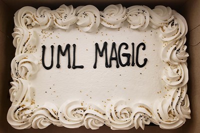 Cake brought by UML Assoc. Teaching Prof. Khalilah Reddie to celebrate MAGIC students' acceptance into the BaccMD program