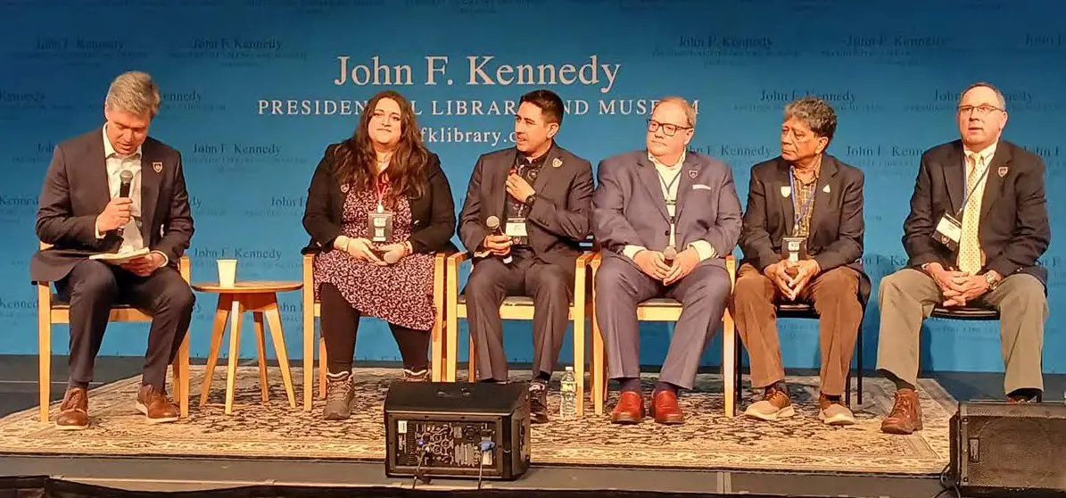 Professor Chakrabarti (pictured 5th from left to right) in celebration of Massachusetts Space Week during “Space Day” held at the JFK Library