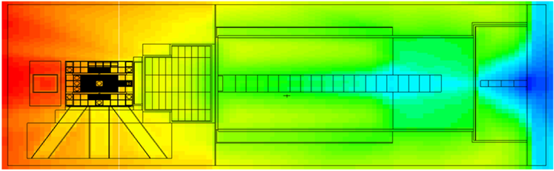 A top view two dimensional image of a neutron flux profile, as a heat map.