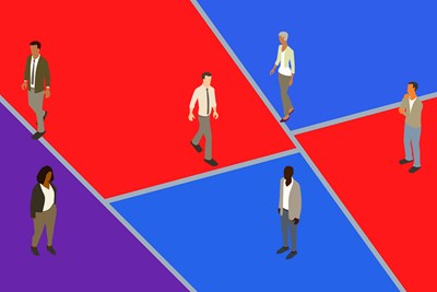 Illustration of employees walking across blue and red background