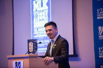UML business major Luis Enrique Diaz was the featured student speaker at the 2020 MLK awards ceremony