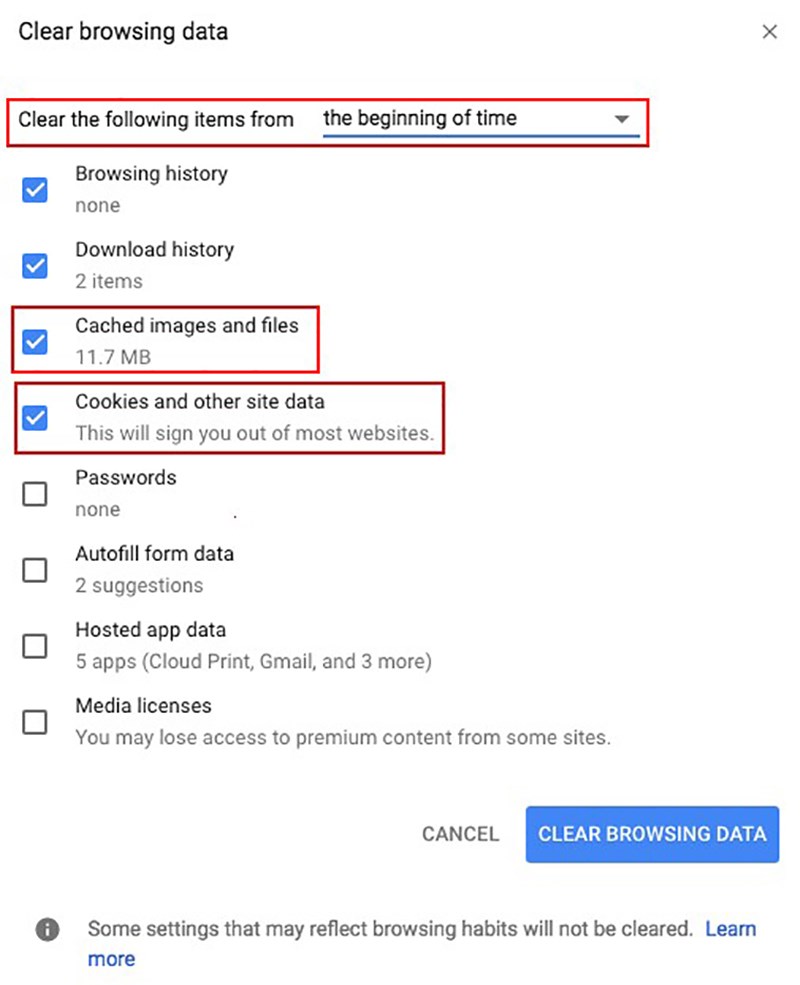 A new window will open, and at the top select the beginning of time from the drop down menu and make sure to check off the boxes for Cached images and files and Cookies and other site data
