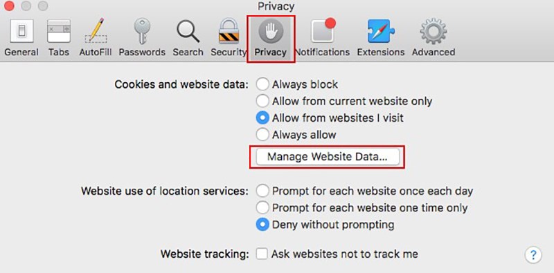 In the Preferences window click on the Privacy tab and the Manage Website Data button