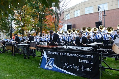 The UML Marching Band outside the Tsongas Center