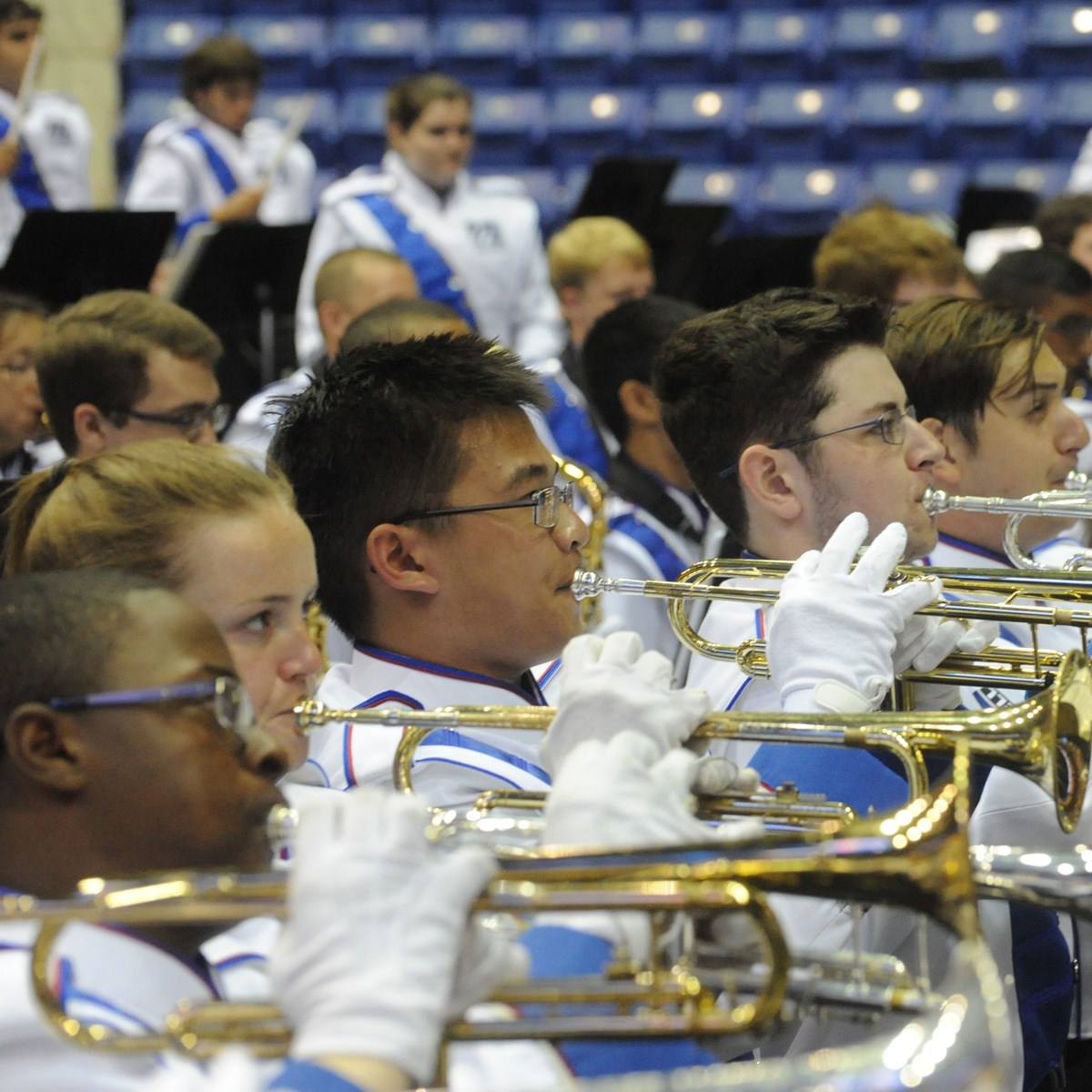 Students play trumpets in the band
