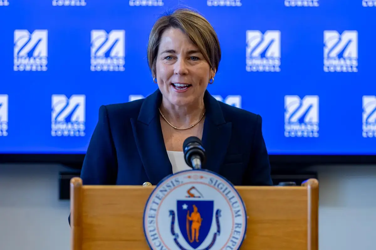 Massachusetts Governor Maura Healey speaks at a podium