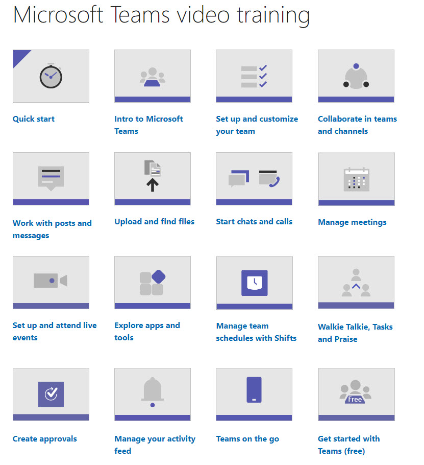 A screengrab of the video playlist page for Microsoft Teams video training