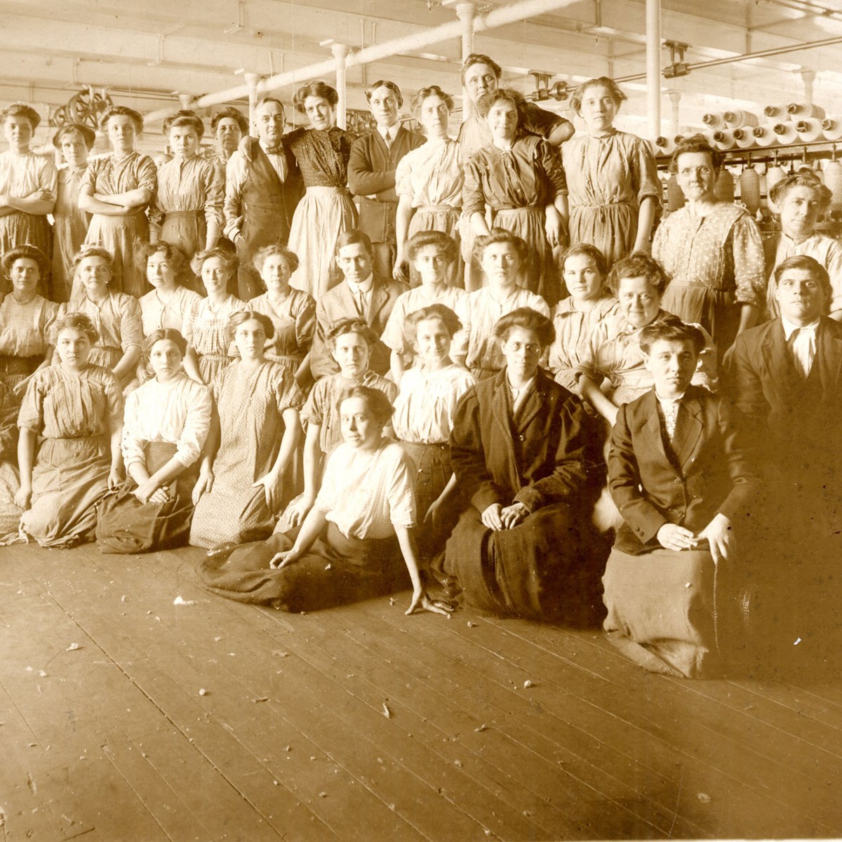 Black and white photo of Boott Mill workers