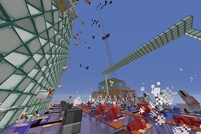 An image of falling creatures from the Minecraft music video "Chicken Hero, Villager Hero, Cow Hero" created by the Teaching Association Prof. Ramón Castillo