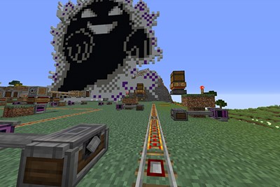 An image of a Pokemon spooky face and rail tracks from the Minecraft musical video "Lavender Town" by Tess McCumber