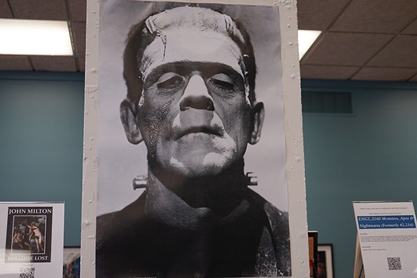 A display in O'Leary Library at UMass Lowell honors the 200th anniversary of Mary Shelley's novel "Frankenstein"