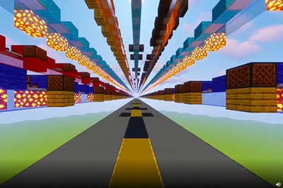 An image from the Minecraft music video Motorbike, with connected sound and control blocks, by Kyle Kashiwabara and Matt Makuc