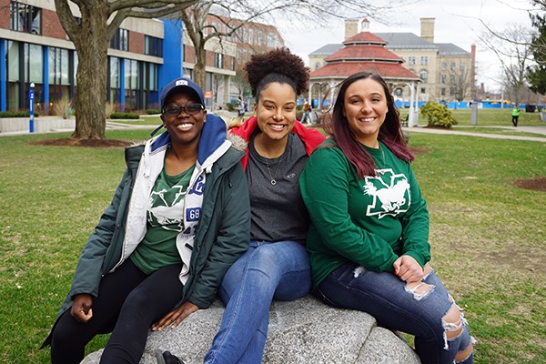 Transfer students Chantay Sewell-Jones, Nicole Morales-Taveras and Jessica D'Esposito on South Campus