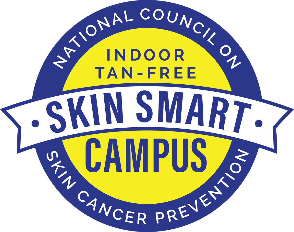 Yellow circle, blue circle and white banner logo with words Skin Smart, Indoor Tan-Free Campus, National Council on Skin Cancer Prevention