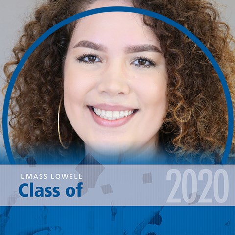 Headshot of Nicole Cruz Merced with a blue decorative frame around it that reads "UMass Lowell Class of 2020."