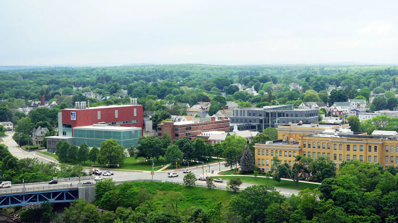 Aerial of university ave bridge in lowell looking toward north campus