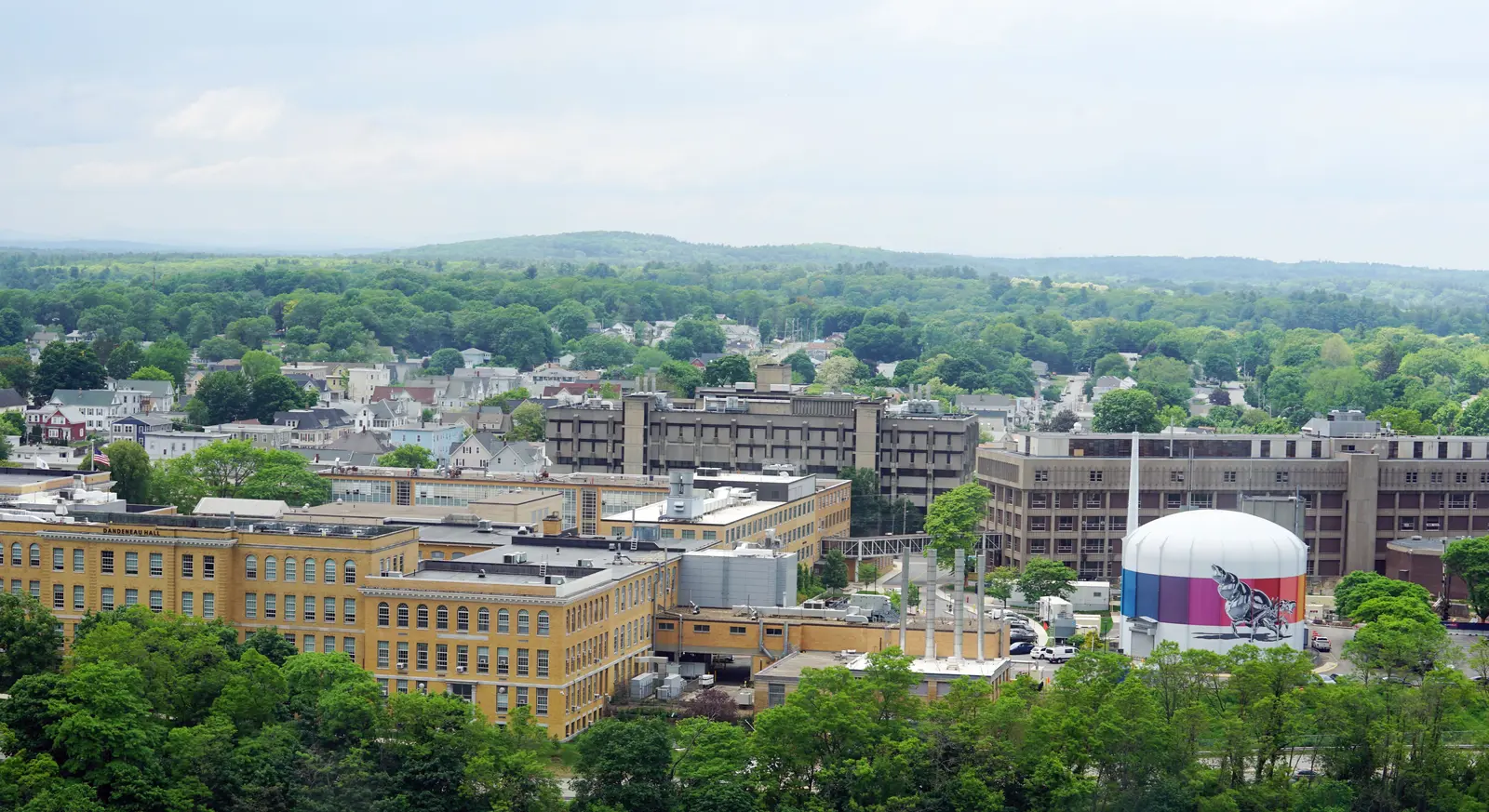aerial of north campus with yellow quad and tank with crab painted on it