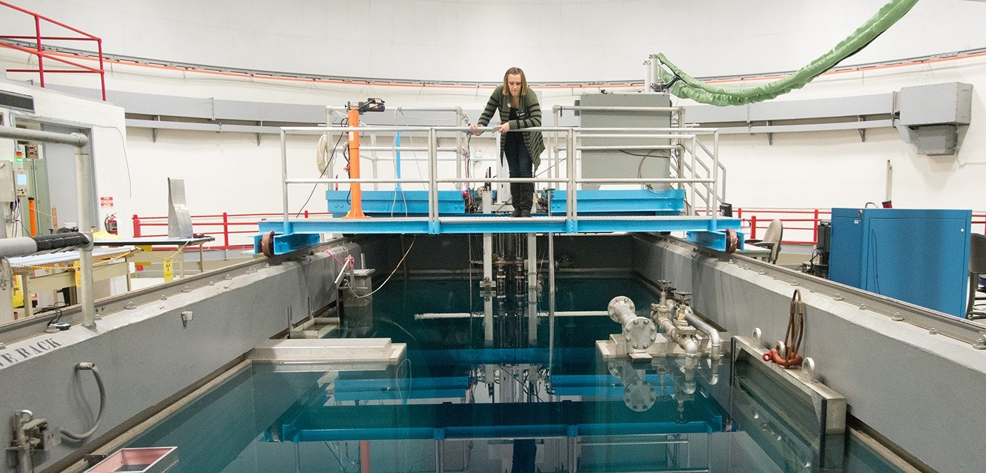 A woman stands above and looks down over the open-pool reactor