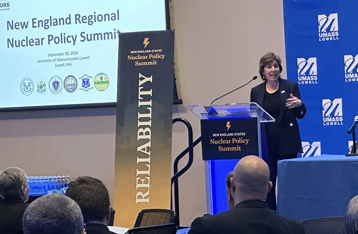 Rebecca Pepper, secretary of the Massachusetts Executive Office of Energy and Environmental Affairs, addresses summit attendees