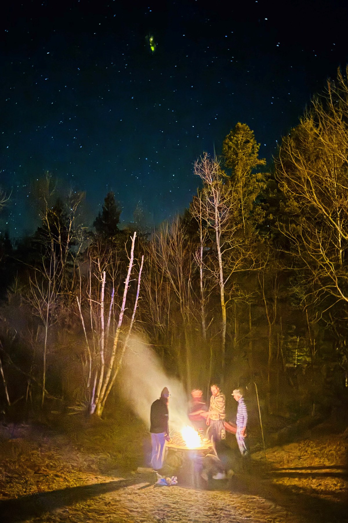Four people stand around a campfire at night under the stars.