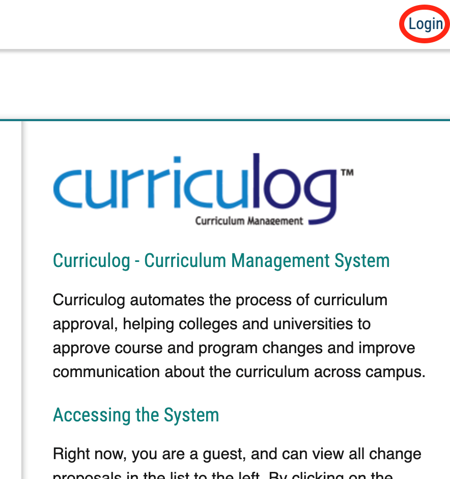 Screenshot of Curriculog Curriculum Management System interface with login link highlighted.