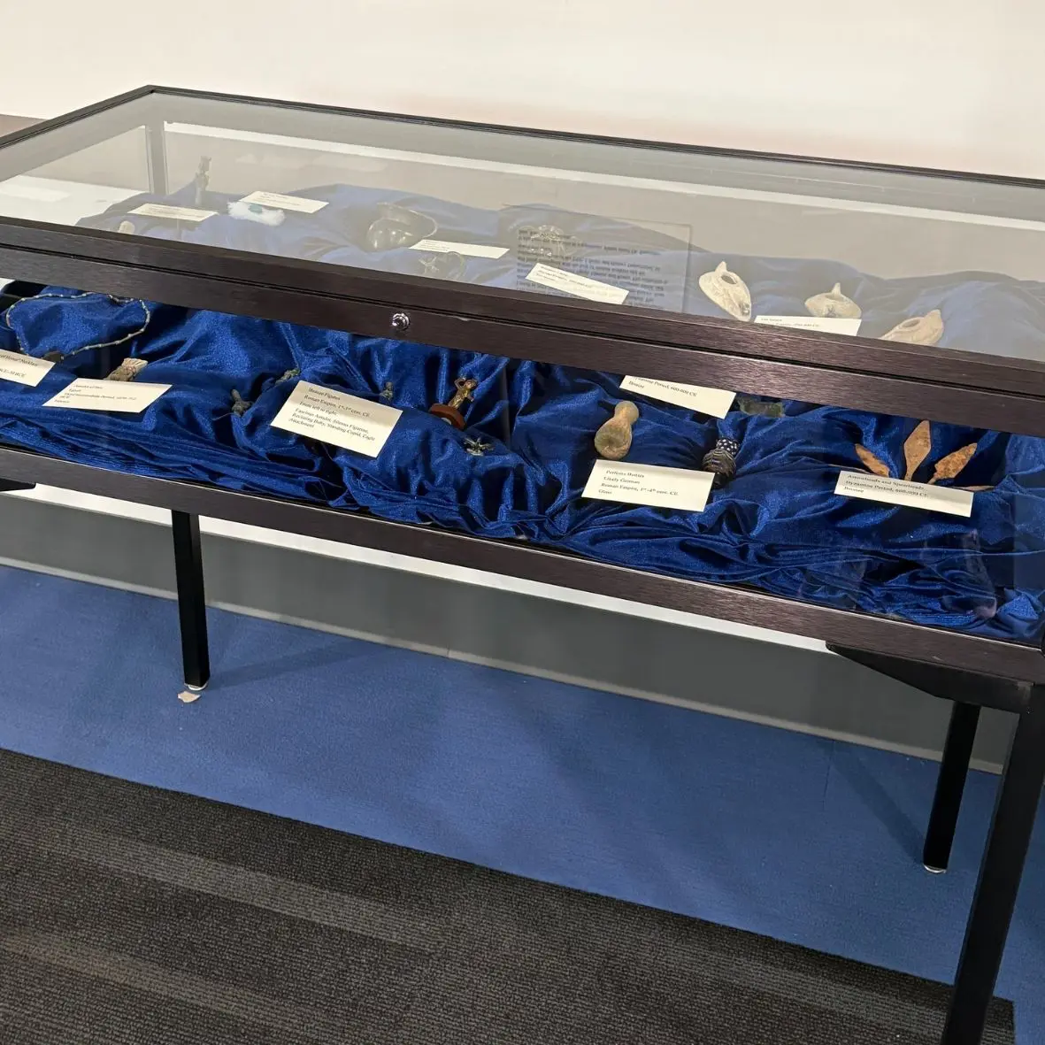 Glass display case with various small artifacts placed on blue velvet. Labeled cards identify each item.
