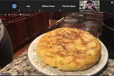 UML honors student Marina Khalif shows off a perfect Spanish tortilla on Zoom